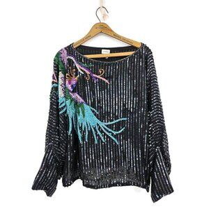 Vtg Cassis Peacock Bird Sequin Top Womens L Black Silk